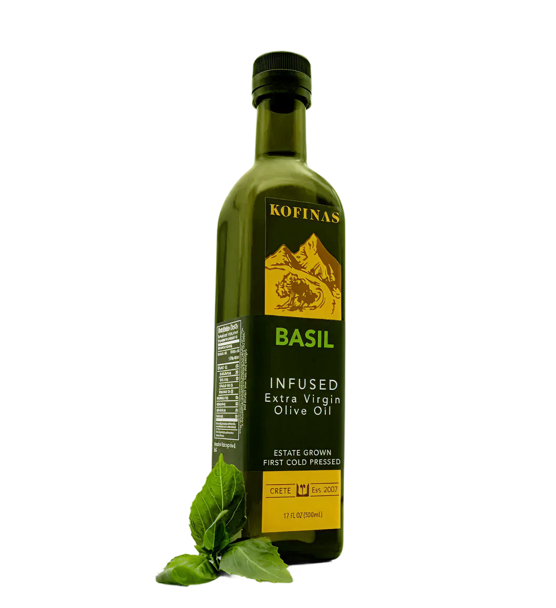 Bottle of Kofinas Basil Infused Extra Virgin Olive Oil with fresh basil leaves