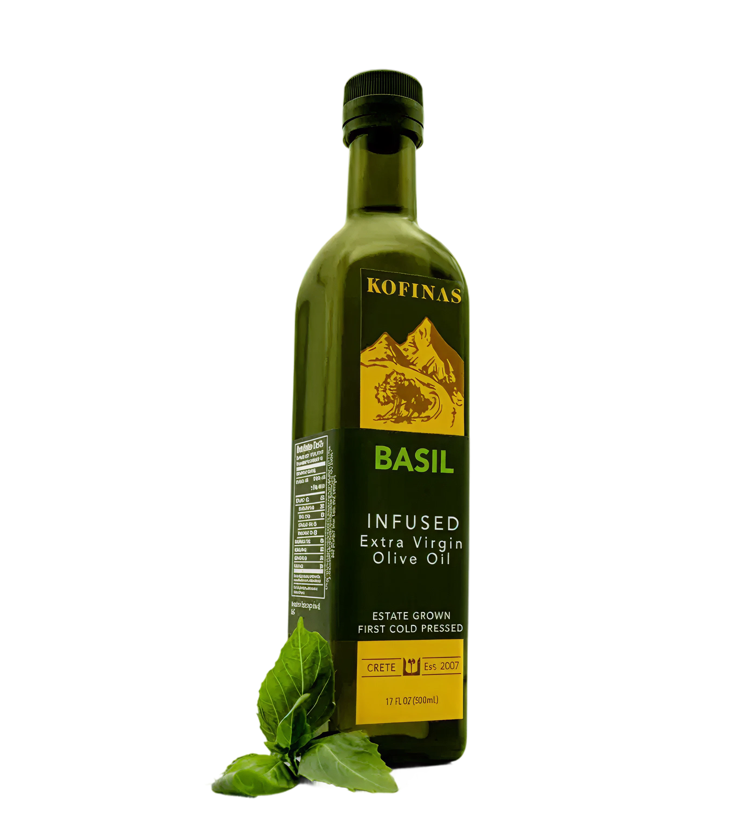 Bottle of Kofinas Basil Infused Extra Virgin Olive Oil with fresh basil leaves