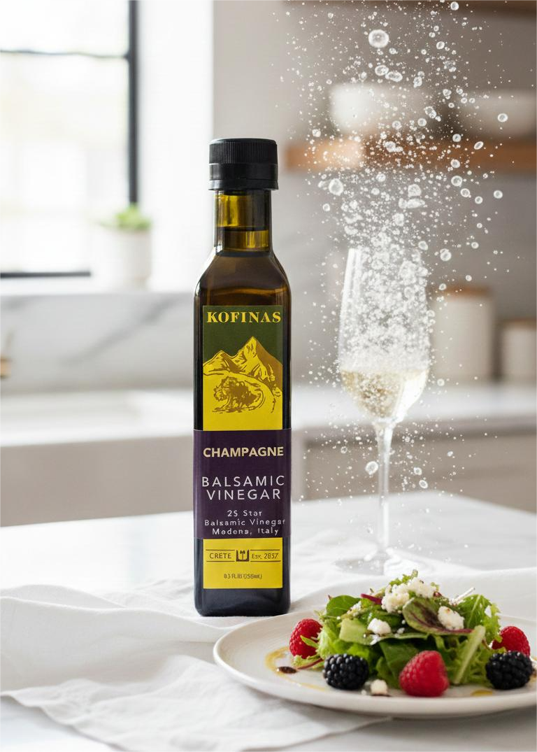 Kofinas Champagne White Balsamic Vinegar bottle beside a dressed green salad with berries and crumbled cheese