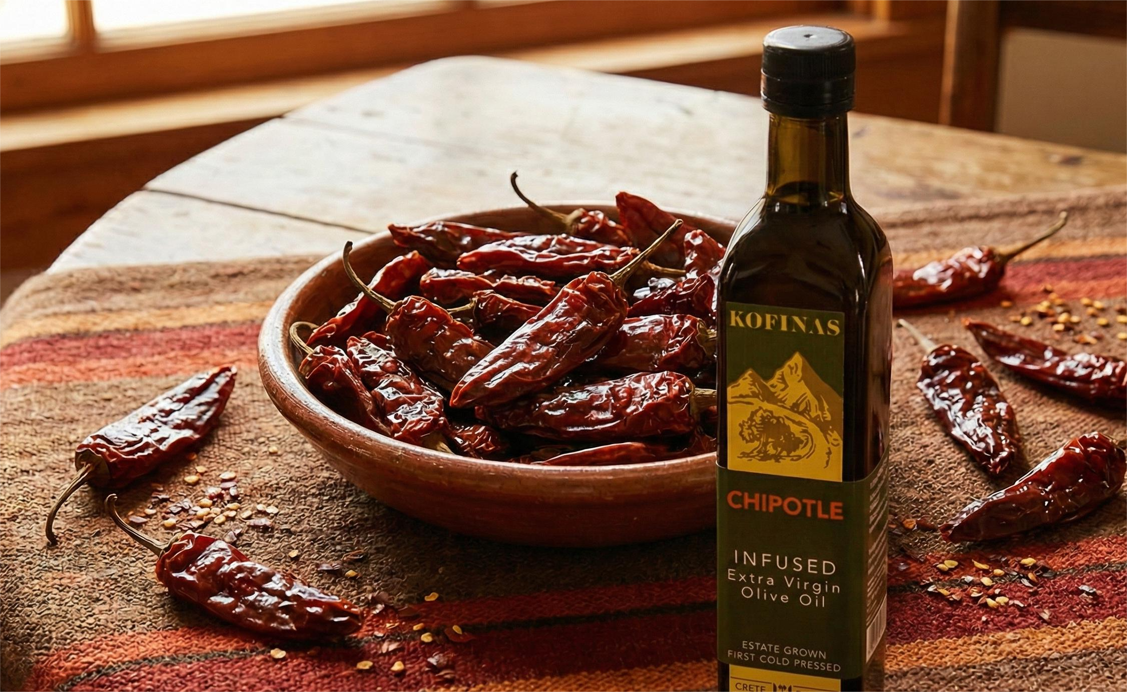 Bottle of Kofinas Chipotle Infused Olive Oil beside a clay bowl of dried chipotle peppers on a woven runner
