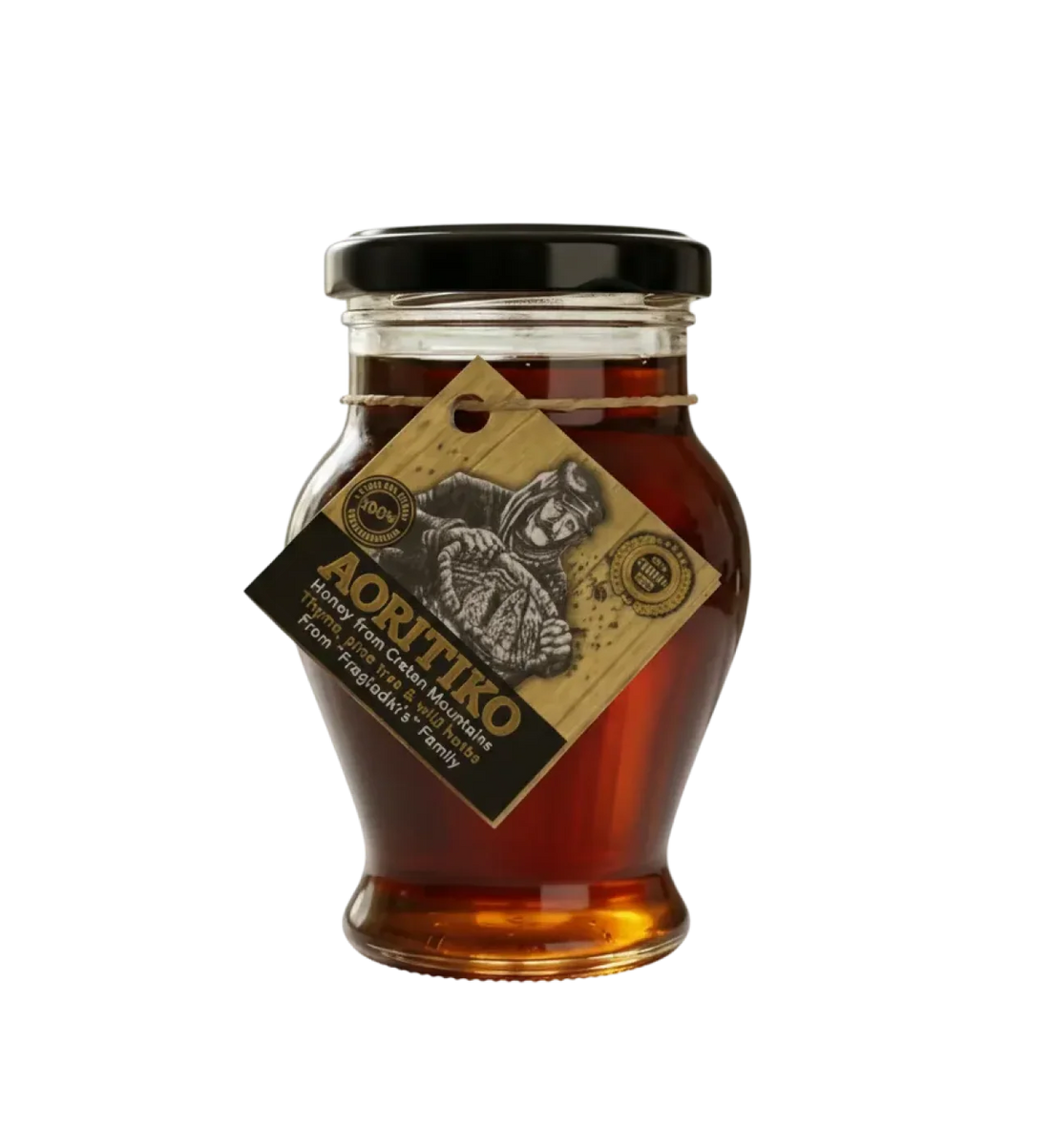 Amber glass jar of Cretan thyme honey with a Greek label and dark lid