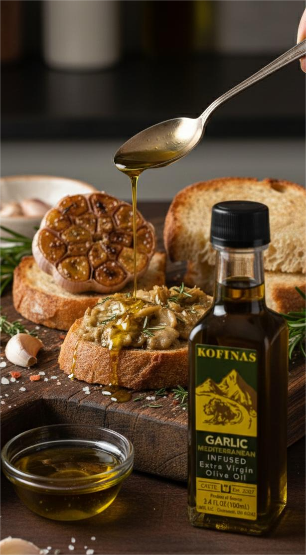 Spoon drizzling Kofinas Garlic Infused Olive Oil over garlic bruschetta with fresh herbs