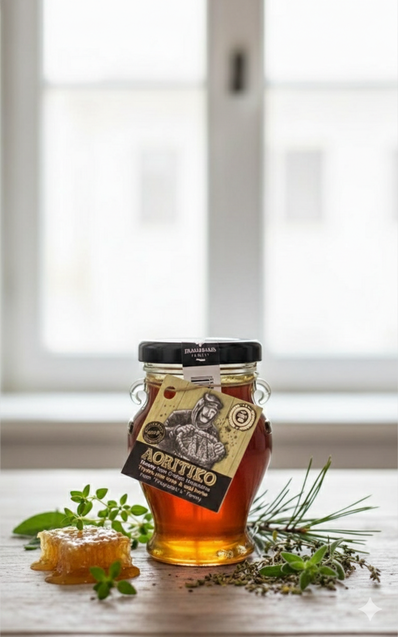 Jar of Cretan thyme honey on a wooden table with a piece of honeycomb and sprigs of fresh thyme