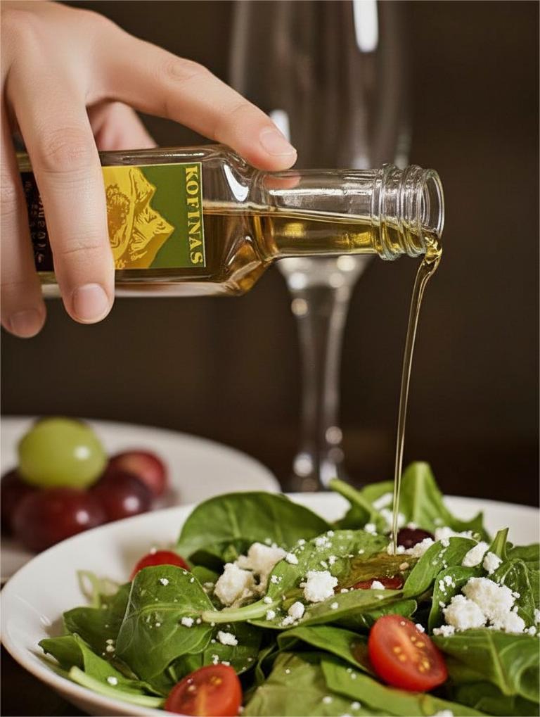 Hand drizzling Kofinas olive oil over a plated green salad with cherry tomatoes, crumbled cheese and grapes