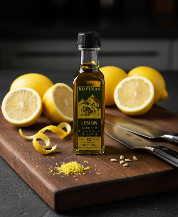 Kofinas Lemon Infused Olive Oil bottle on a wooden board with halved lemons and a curl of lemon zest