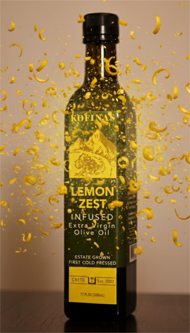 Kofinas Lemon Zest Infused Olive Oil bottle surrounded by a burst of lemon zest curls