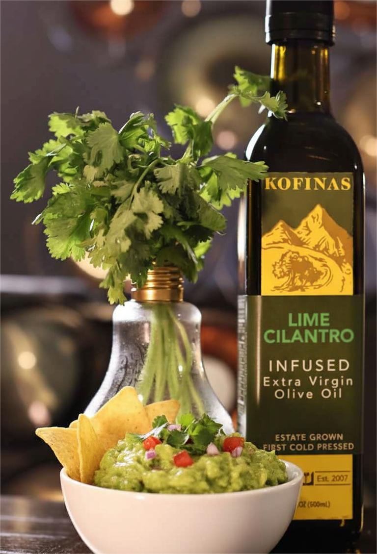 Kofinas Lime Cilantro Infused Olive Oil bottle beside a bowl of guacamole, tortilla chips and fresh cilantro
