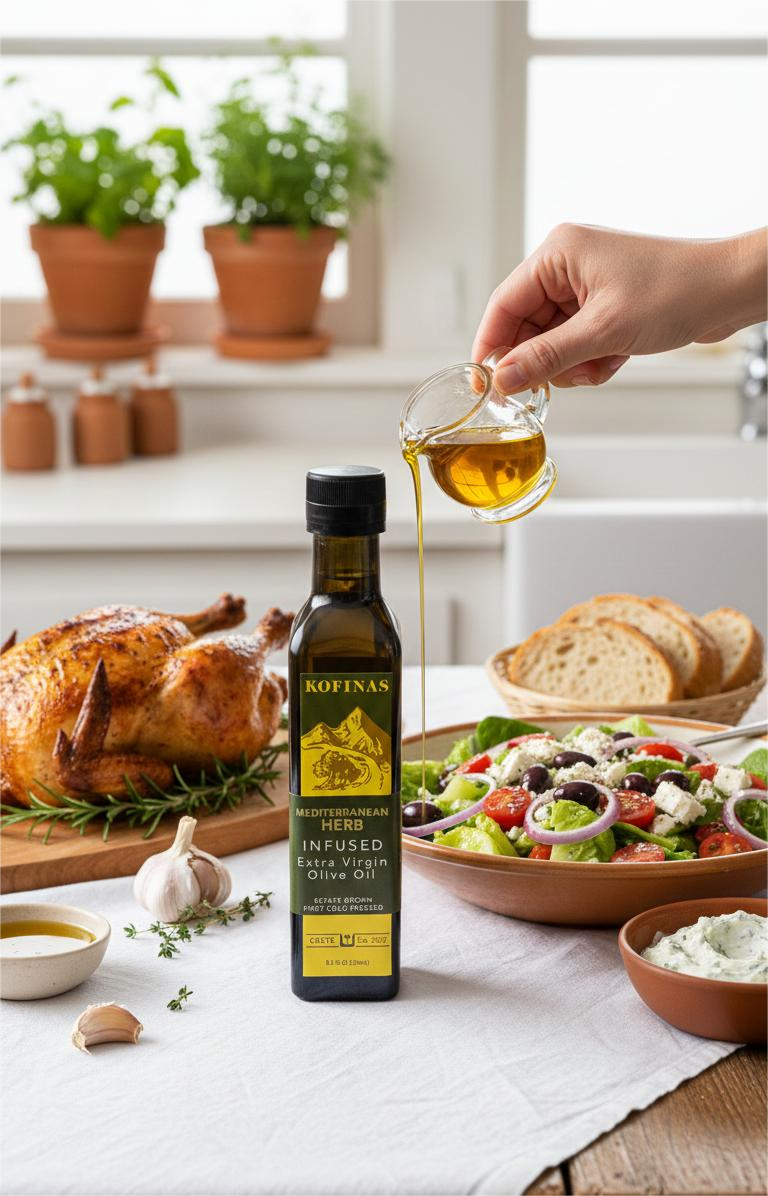 Kofinas Mediterranean Herb Infused Olive Oil bottle on a kitchen counter with a whole roast, a Greek salad and bread