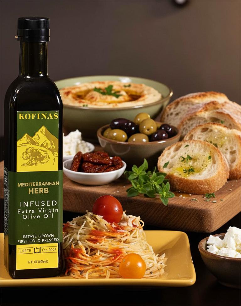 Kofinas Mediterranean Herb Infused Olive Oil bottle beside a plate of pasta, hummus, olives, feta and crusty bread