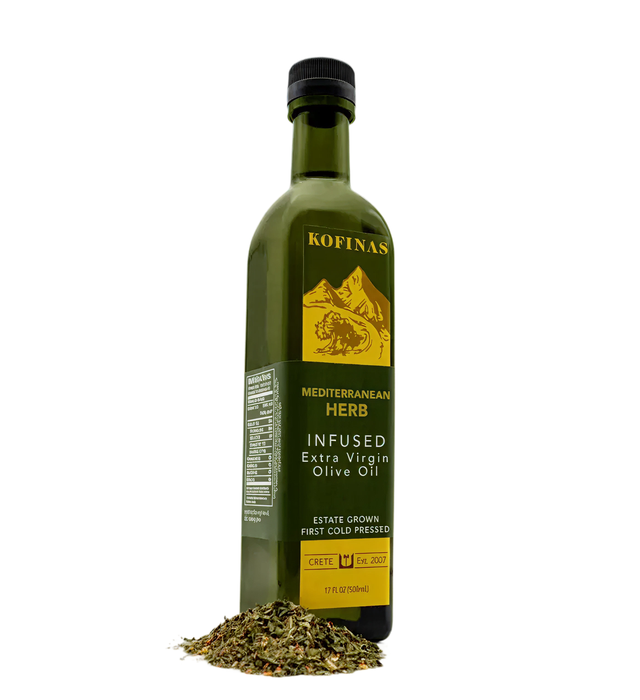 Bottle of Kofinas Mediterranean Herb Infused Extra Virgin Olive Oil with dried oregano, rosemary and thyme