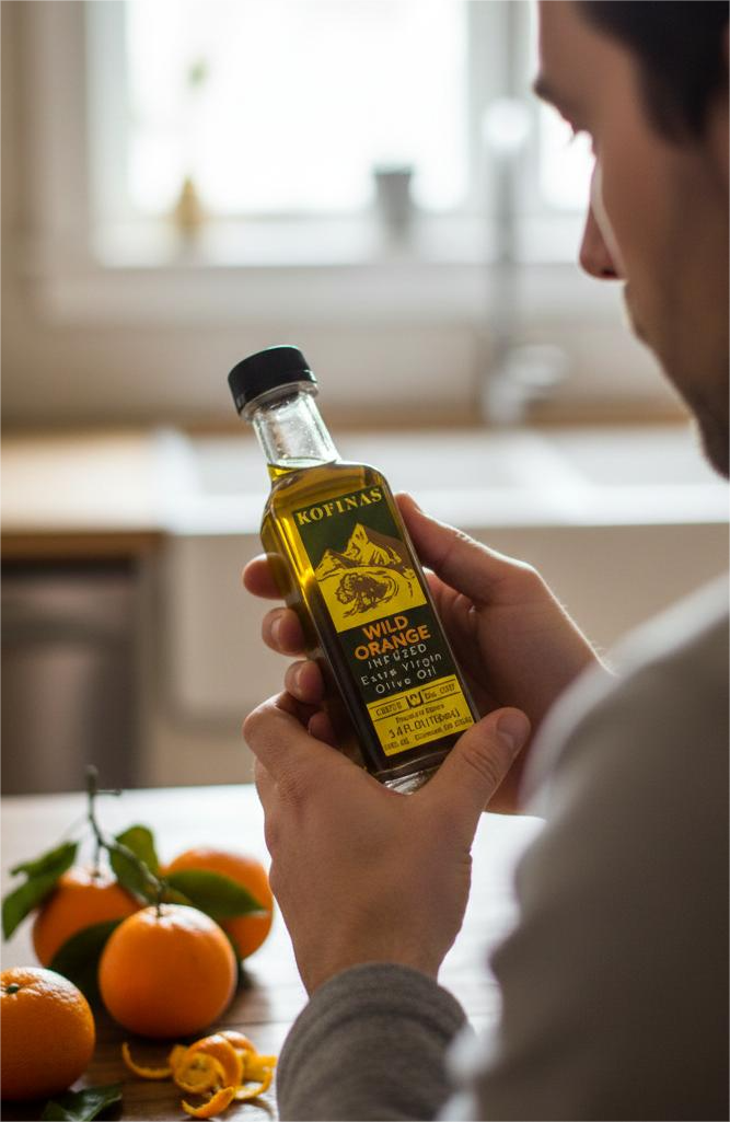 Person holding a bottle of Kofinas Wild Orange Infused Olive Oil in a kitchen with fresh oranges nearby