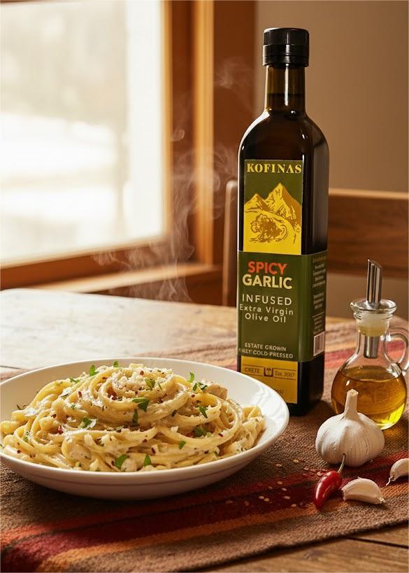 Kofinas infused olive oil bottle beside a plate of creamy garlic pasta with chilli and fresh herbs