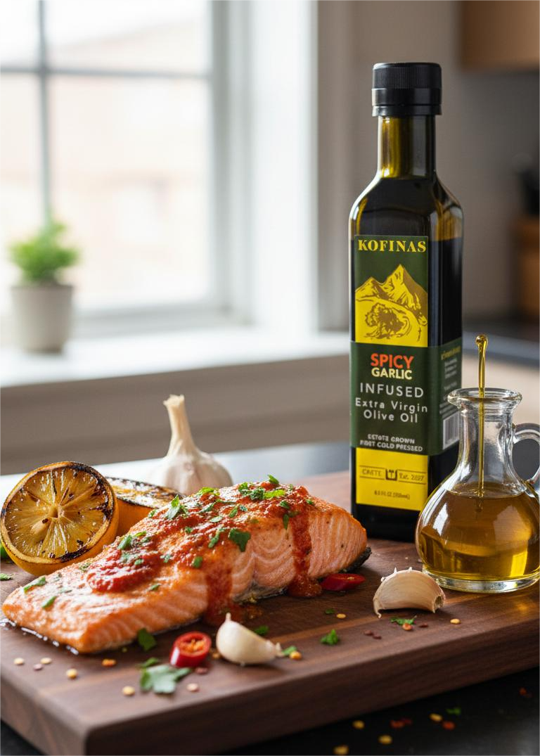 Cooked salmon fillet on a wooden board with charred lemon, garlic cloves and a cruet of Kofinas olive oil