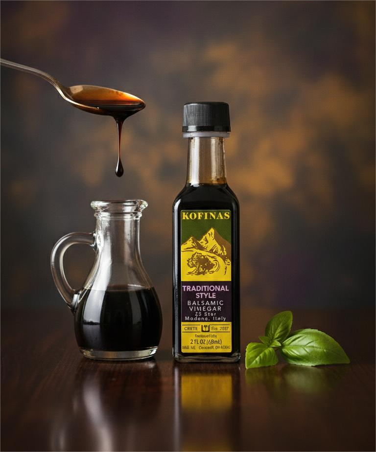 Kofinas Traditional balsamic vinegar bottle beside a cruet pouring balsamic, with fresh basil