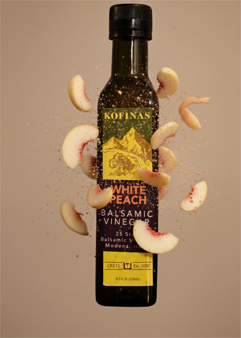 Bottle of Kofinas White Peach White Balsamic Vinegar with white peach slices swirling around it