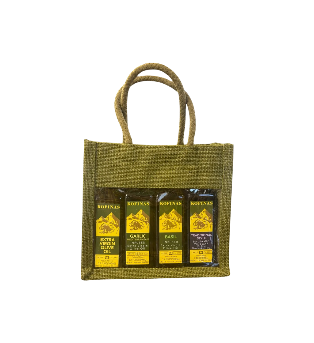 Olive-green jute gift tote with rope handles holding Kofinas olive oil bottles