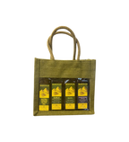 Olive-green jute gift tote with rope handles holding Kofinas olive oil bottles