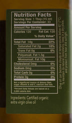 Back label of Kofinas Certified Organic olive oil with nutrition facts and organic ingredients
