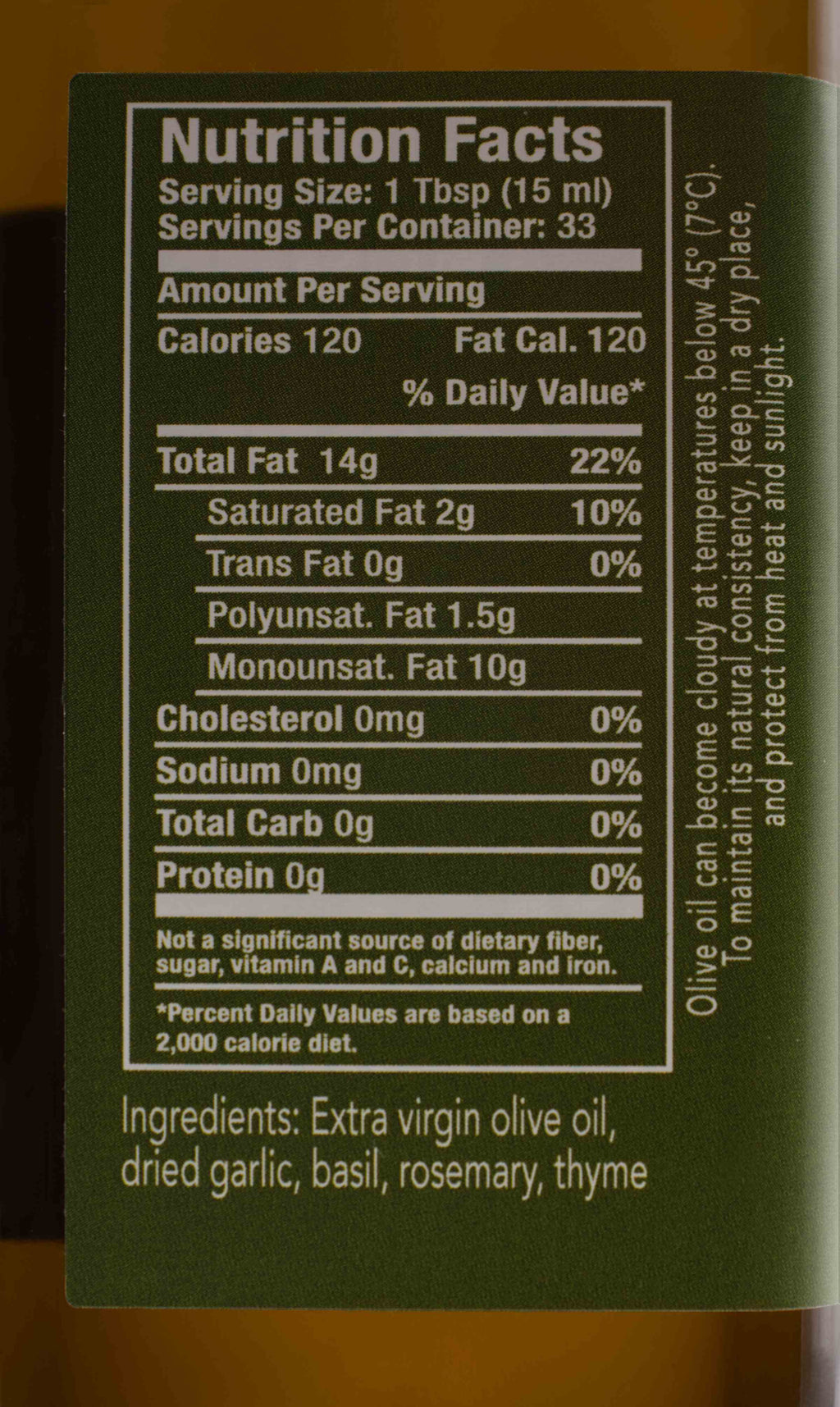 Back label of Kofinas Garlic infused olive oil with nutrition facts and garlic-herb ingredients