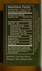 Back label of Kofinas Garlic infused olive oil with nutrition facts and garlic-herb ingredients