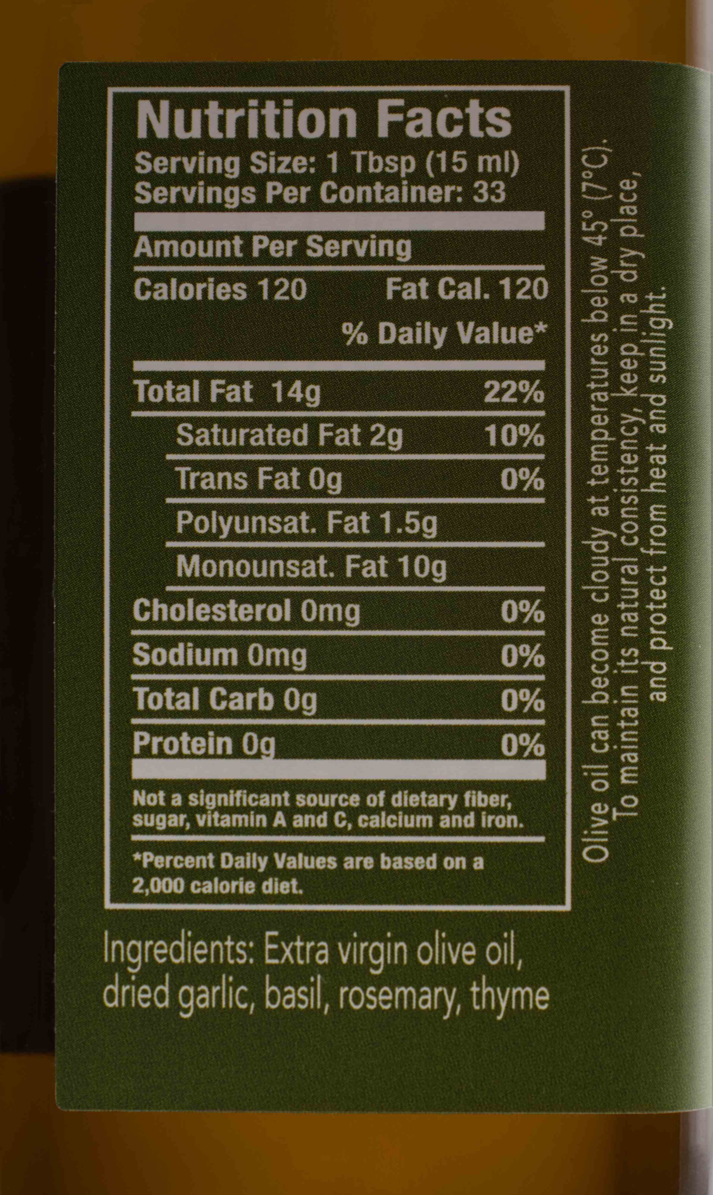 Back label of Kofinas Garlic infused olive oil with nutrition facts and garlic-herb ingredients