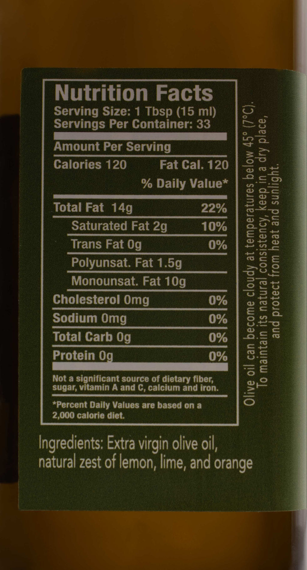 Back label of Kofinas Lemon Zest infused olive oil with nutrition facts; lemon, lime and orange zest