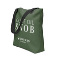 Olive-green tote bag with white 'Olive Oil Snob' text and the Kofinas logo, black handles