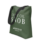 Olive-green tote bag with white 'Olive Oil Snob' text and the Kofinas logo, black handles