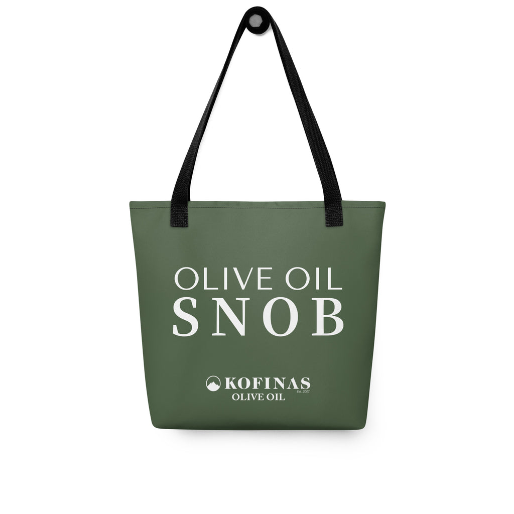 Olive-green Olive Oil Snob tote bag with white text and the Kofinas logo
