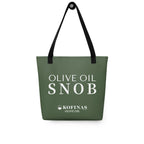 Olive-green Olive Oil Snob tote bag with white text and the Kofinas logo