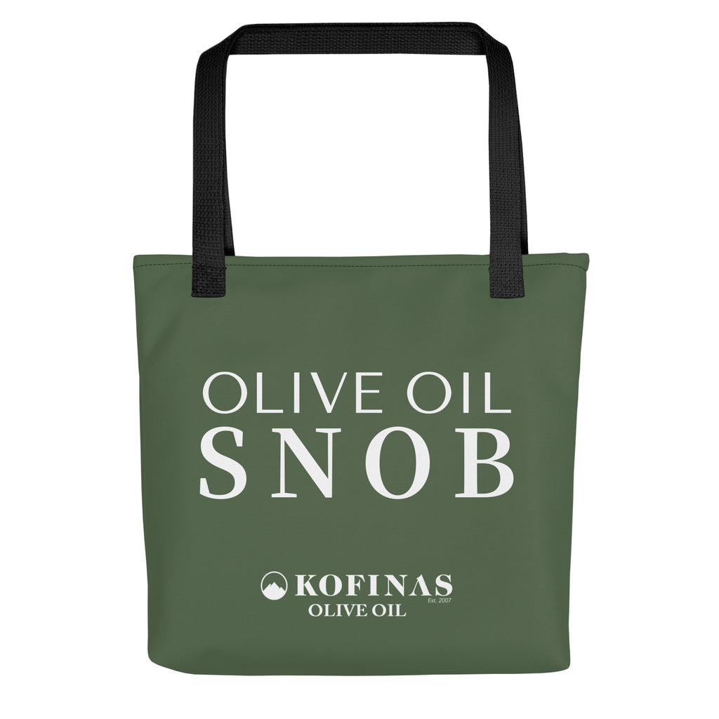 Olive-green Olive Oil Snob tote bag with white lettering and black handles