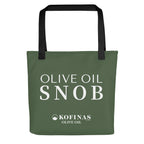 Olive-green Olive Oil Snob tote bag with white lettering and black handles