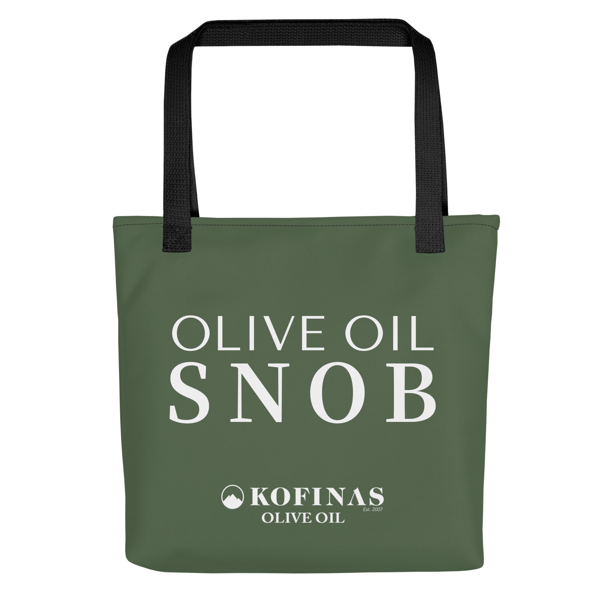 Olive-green Olive Oil Snob tote bag with white lettering and black handles