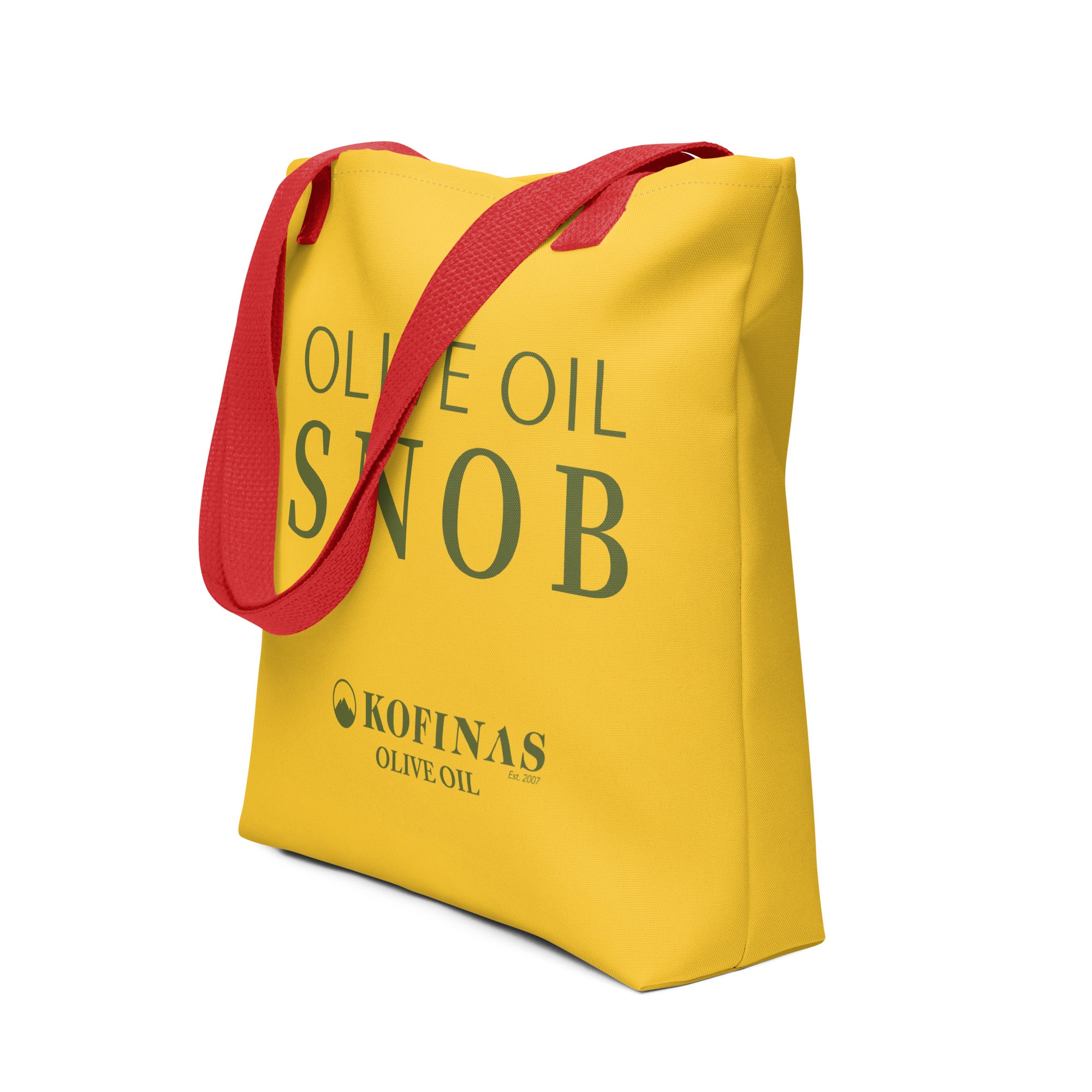 Yellow Olive Oil Snob tote bag with green text and red handles