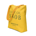 Yellow Olive Oil Snob tote bag with green text and yellow handles