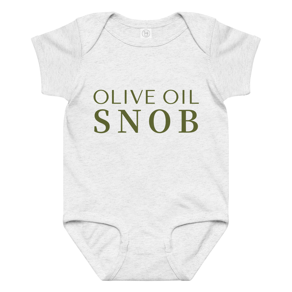 Heather white baby bodysuit printed with green 'Olive Oil Snob' text