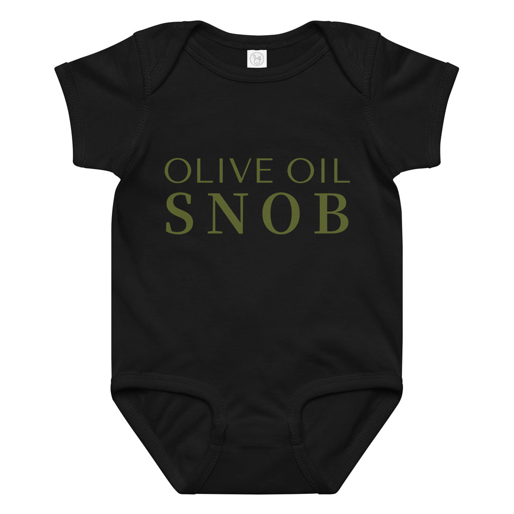Black baby bodysuit printed with 'Olive Oil Snob' text