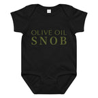 Black baby bodysuit printed with 'Olive Oil Snob' text