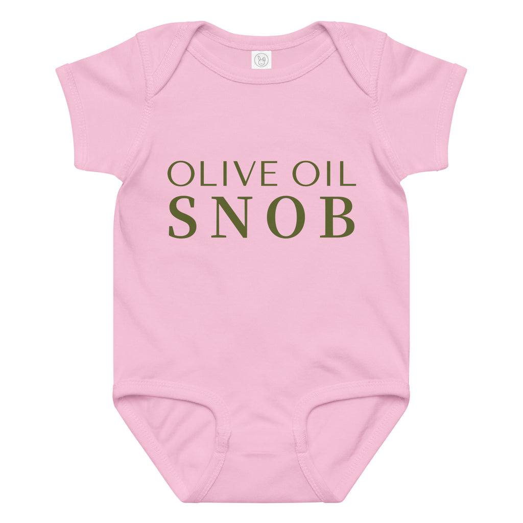 Pink baby bodysuit printed with green 'Olive Oil Snob' text
