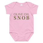 Pink baby bodysuit printed with green 'Olive Oil Snob' text
