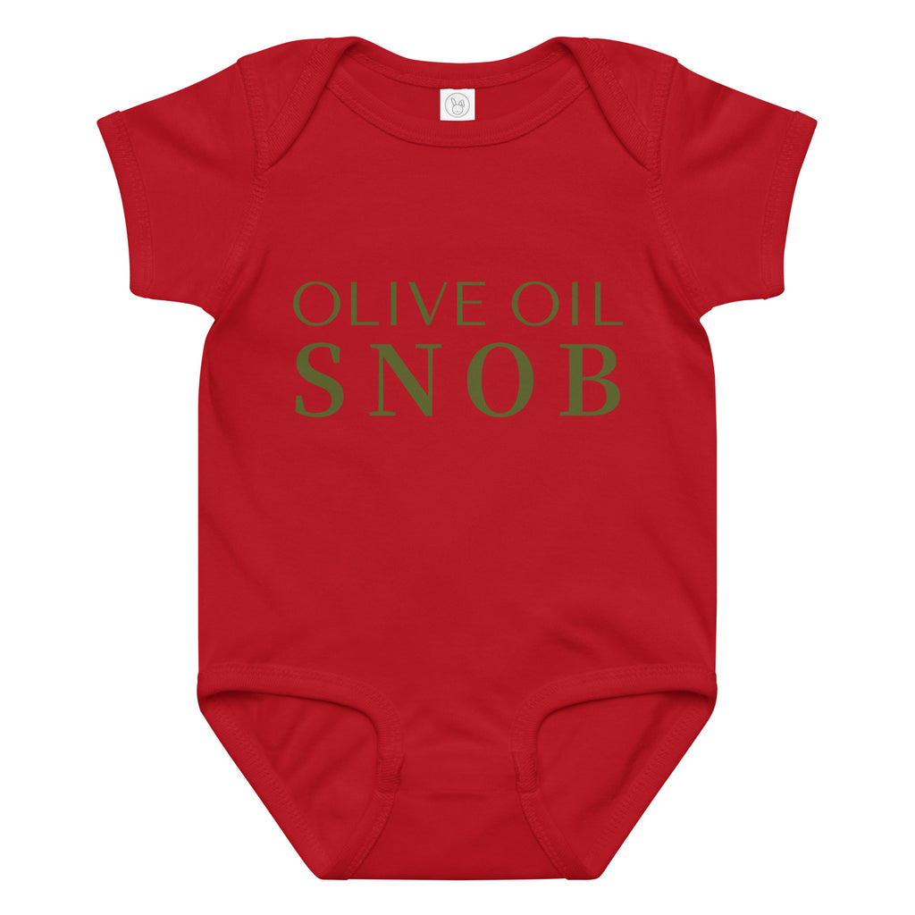 Red baby bodysuit printed with green 'Olive Oil Snob' text