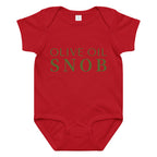 Red baby bodysuit printed with green 'Olive Oil Snob' text