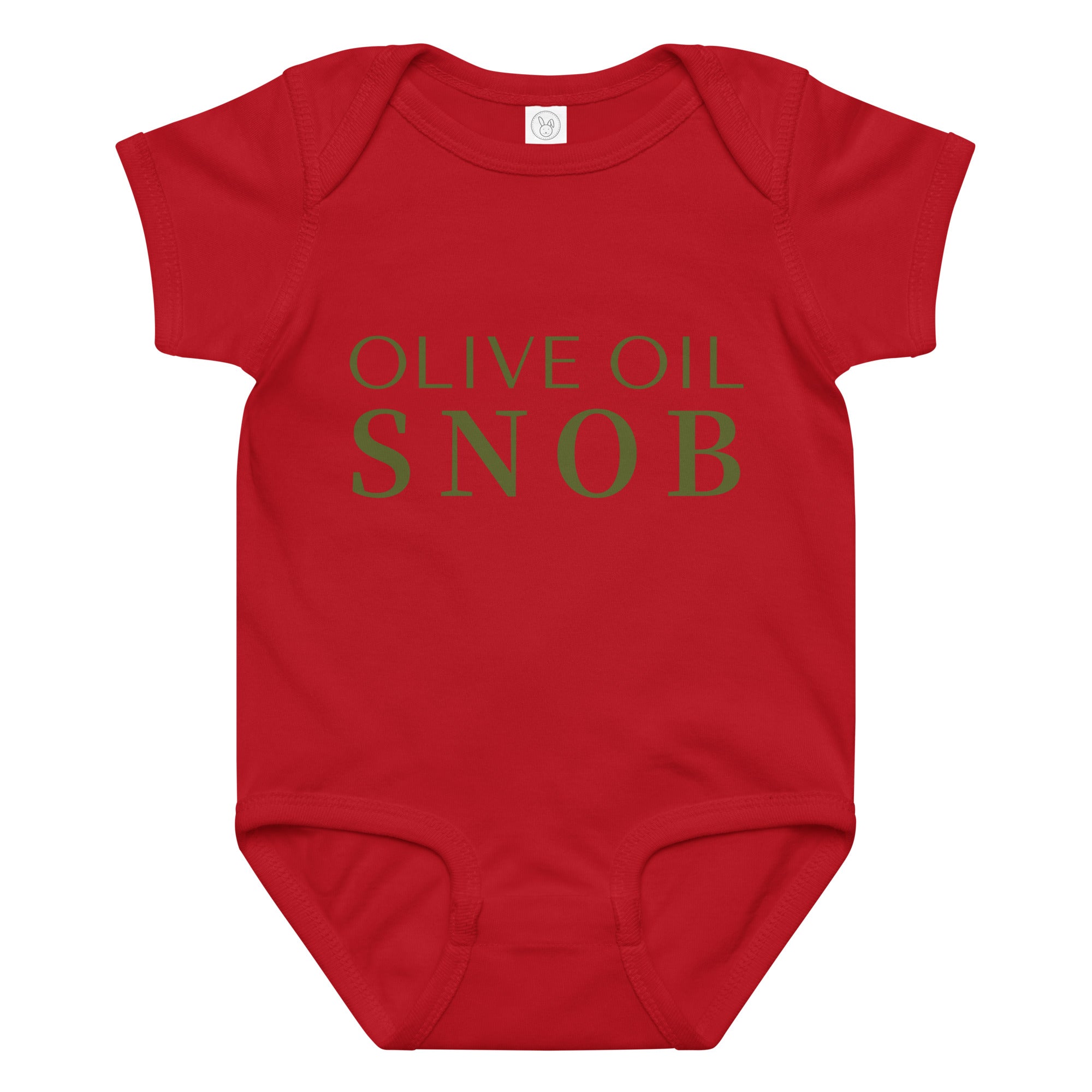 Red baby bodysuit printed with green 'Olive Oil Snob' text