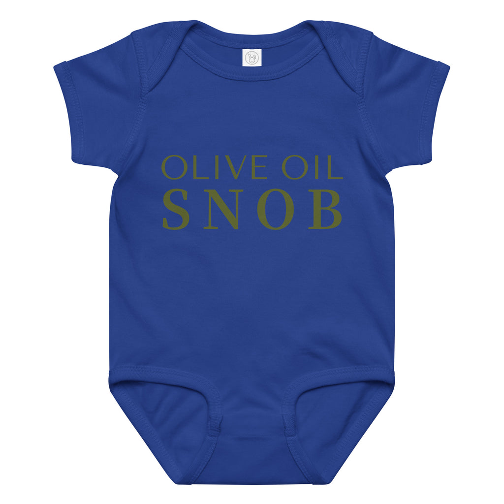 Royal blue baby bodysuit printed with green 'Olive Oil Snob' text
