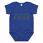 Royal blue baby bodysuit printed with green 'Olive Oil Snob' text