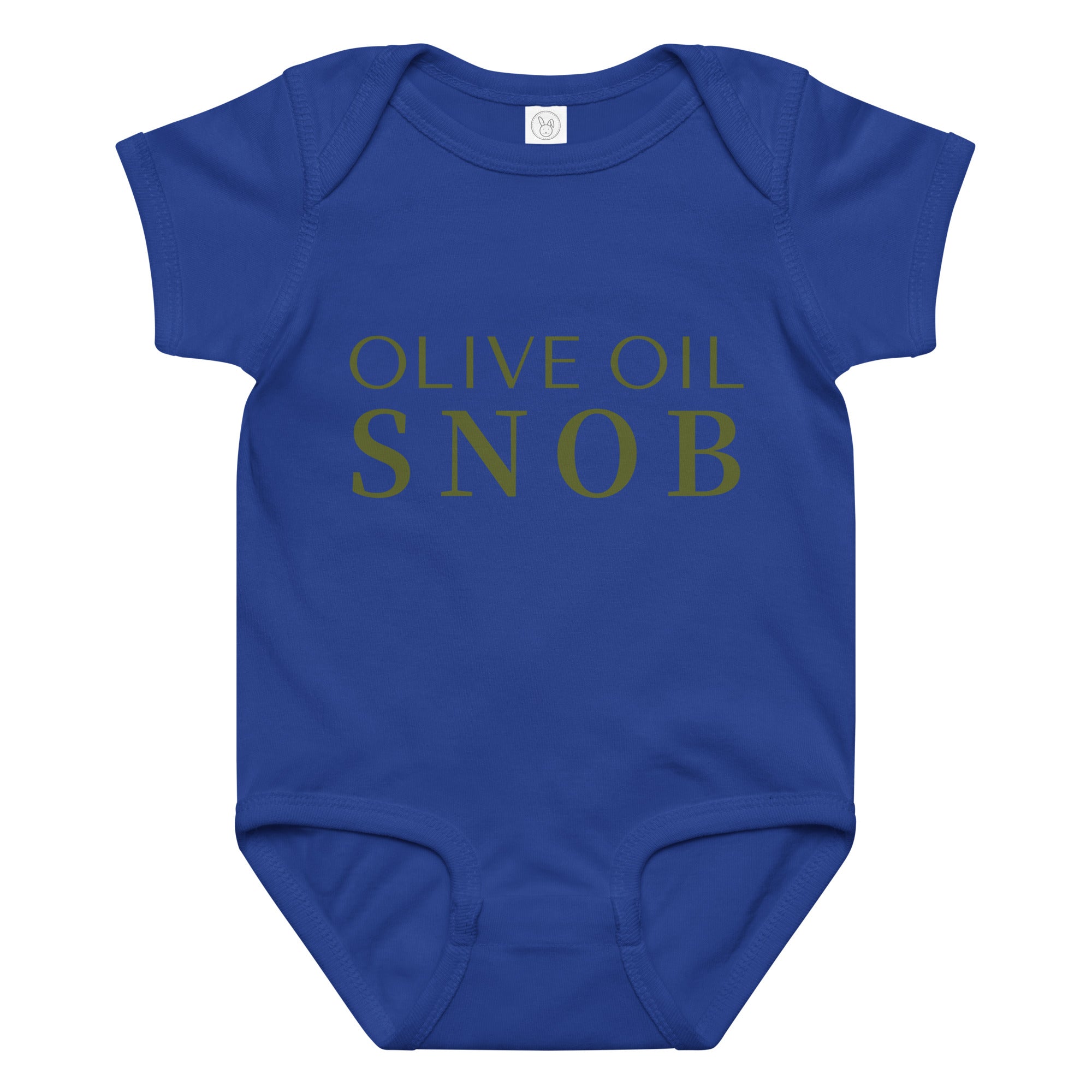 Royal blue baby bodysuit printed with green 'Olive Oil Snob' text