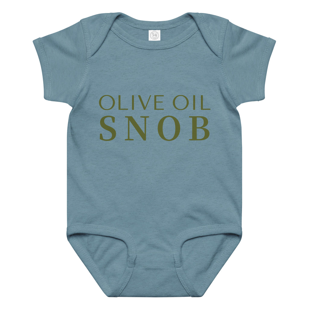 Slate blue baby bodysuit printed with green 'Olive Oil Snob' text