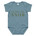 Slate blue baby bodysuit printed with green 'Olive Oil Snob' text
