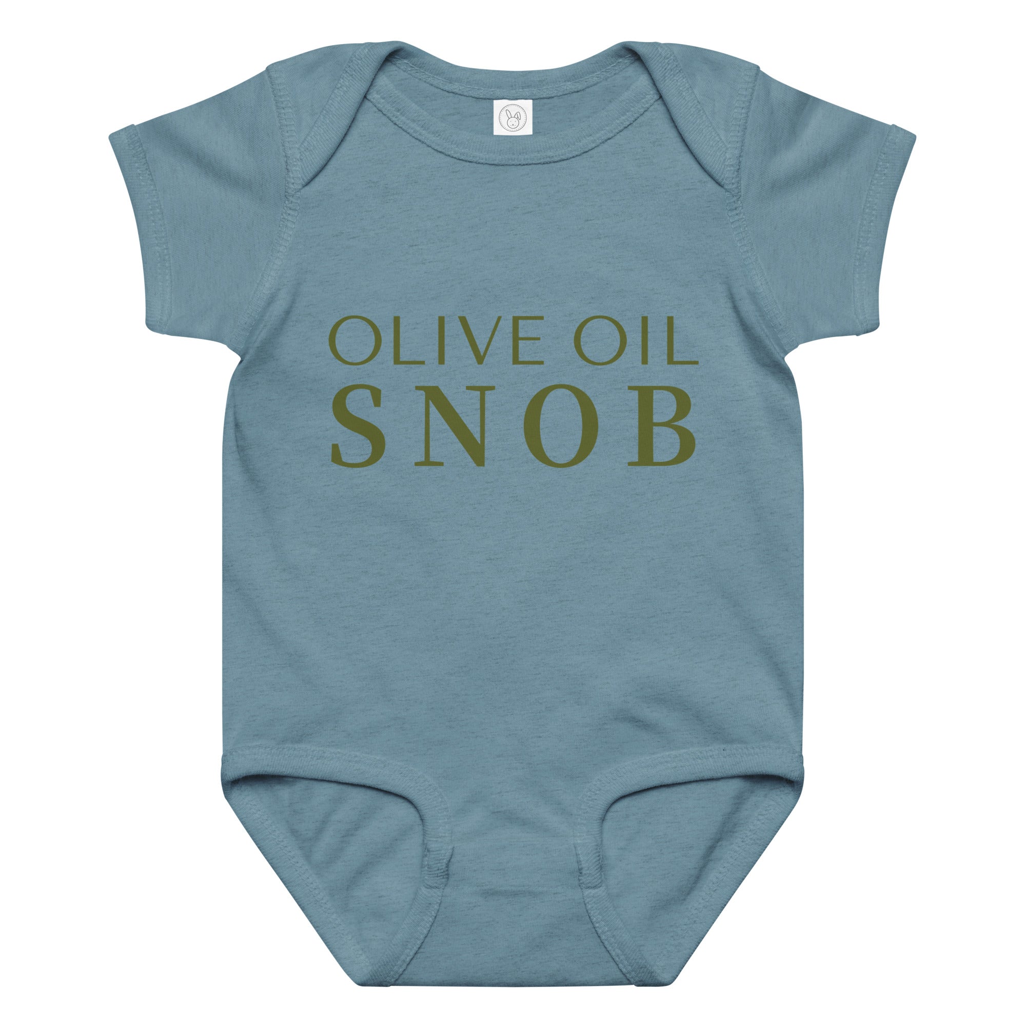 Slate blue baby bodysuit printed with green 'Olive Oil Snob' text