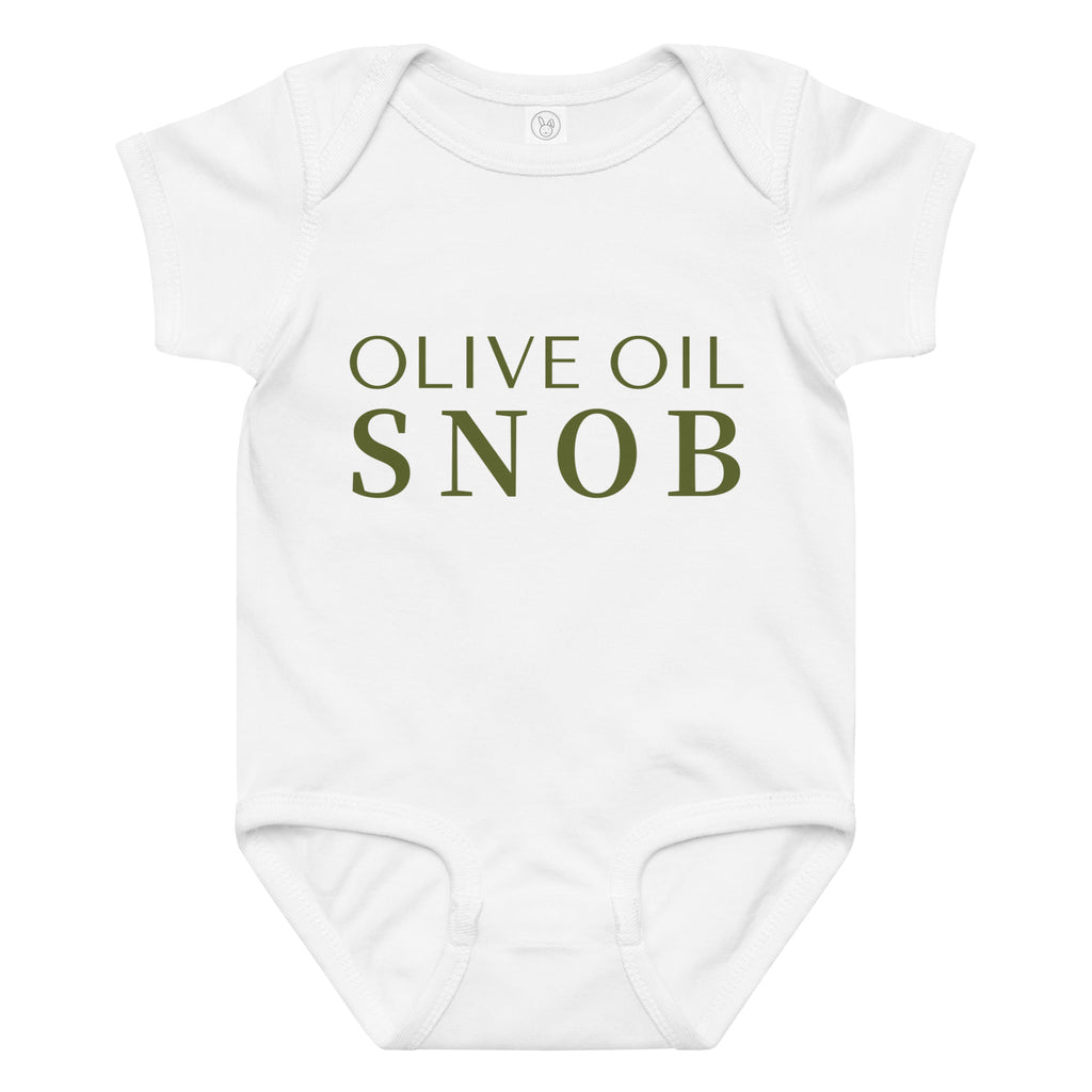 White baby bodysuit printed with green 'Olive Oil Snob' text